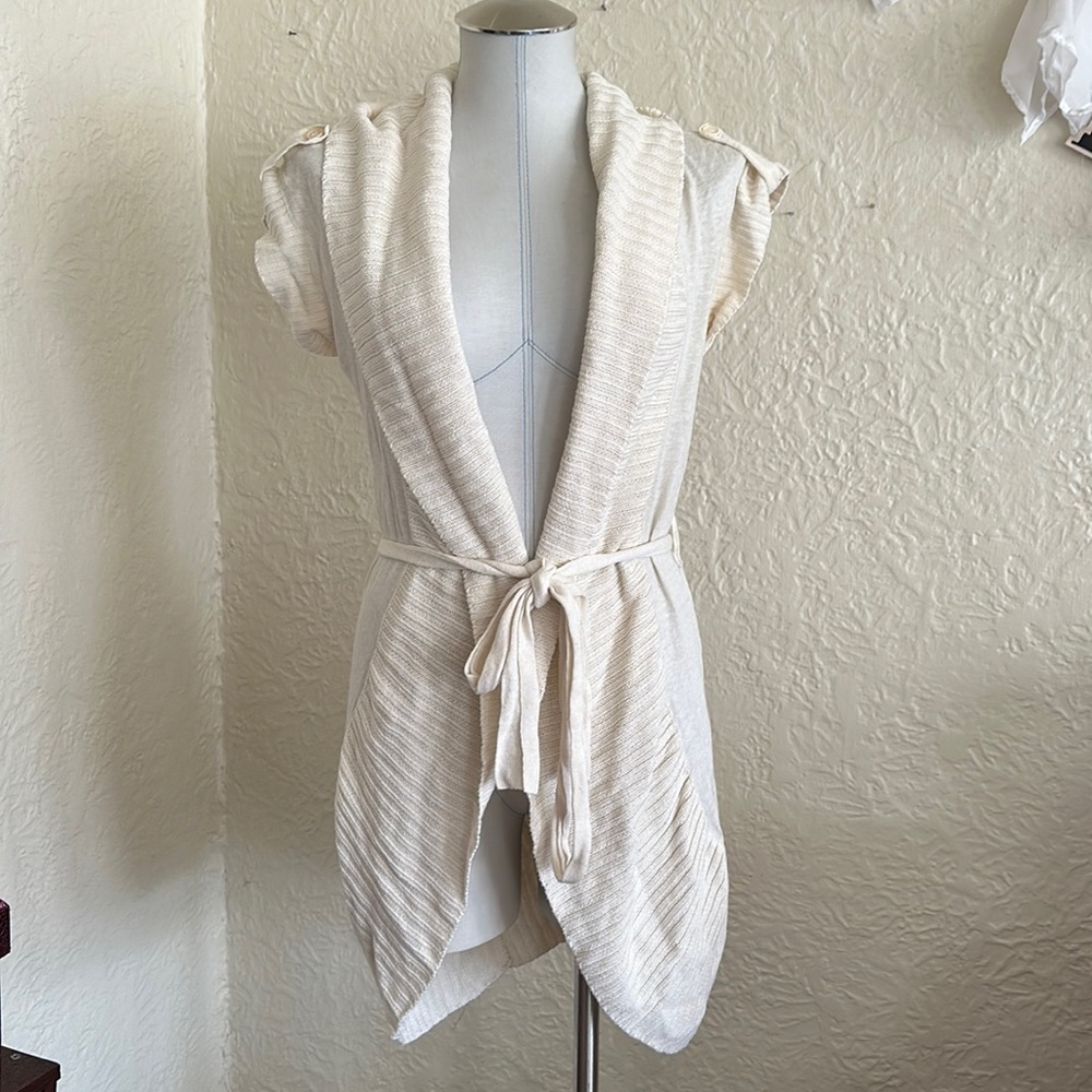 BCBG Max Azria Ivory Cream Short Sleeve Cocoon Cardigan Linen Blend Sweater S